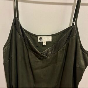 Anthropologie green satin tank top with velvet detail.
